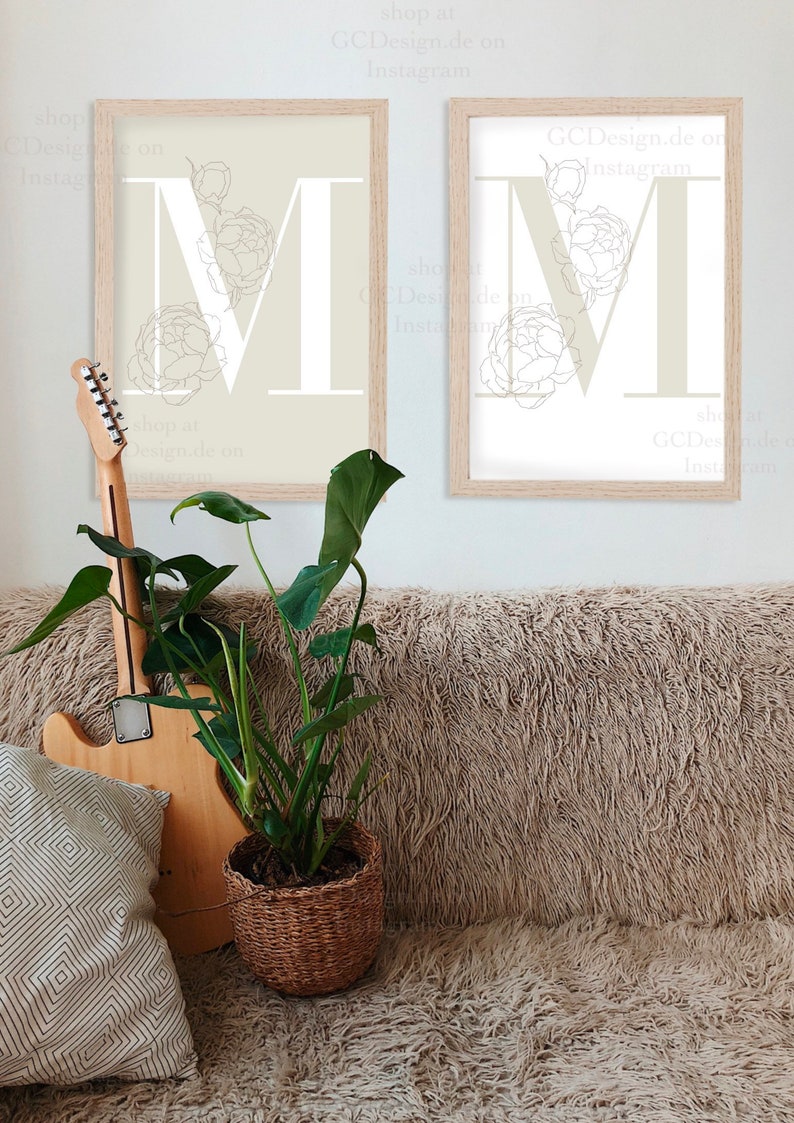 M initial letter print I A3 A4 A5 poster personalized customizable wall decoration hanging picture frame lineart flower rose minimal name
