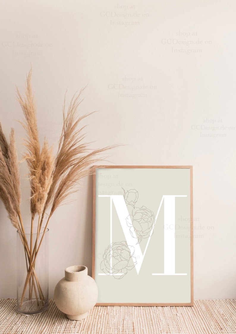 M initial letter print I A3 A4 A5 poster personalized customizable wall decoration hanging picture frame lineart flower rose minimal name
