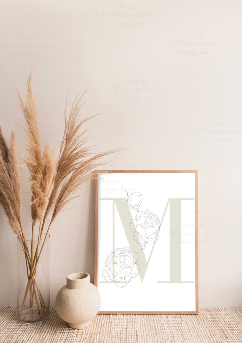M initial letter print I A3 A4 A5 poster personalized customizable wall decoration hanging picture frame lineart flower rose minimal name