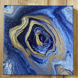 Navy Blue/Gold/White Galaxy Pour Painting - Fluid Art