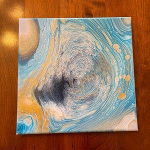 Blue/Gold/White Ring Pour - Fluid Art - 10&quot; x 10&quot;