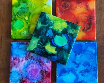 Unique Ceramic Coasters with alcohol ink designs - set of four