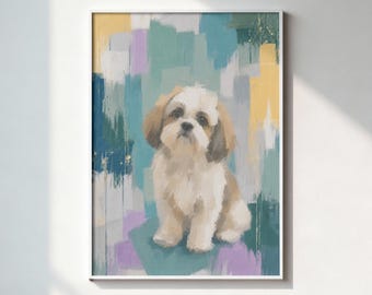 Abstracte print van een Shih Tzu-hond | Boho-stijl huisdierkunst in turquoise, lavendel en geel (digitale download)