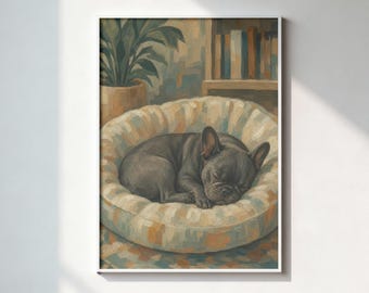 Print van een slapende Franse bulldog | Muurdecoratie in olieverfschilderijstijl (digitale download)