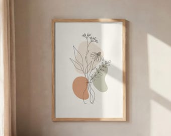 Boho botanische lijntekening, wanddecoratie met wilde bloemen in een vaas, abstracte afbeelding in terracotta salie (digitale download)