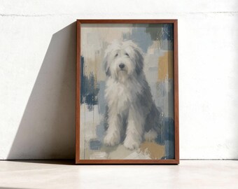 Abstracte print van een Oud-Engelse herdershond | Boho hondenkunst (digitale download)