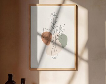 Boho Wildflower Line Art Print, Botanische Vaas, Terracotta Salie Minimalistisch (Digitale Download)