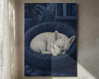 Print van een slapende Franse bulldog | Muurdecoratie met een hond in olieverfschilderijstijl (digitale download)