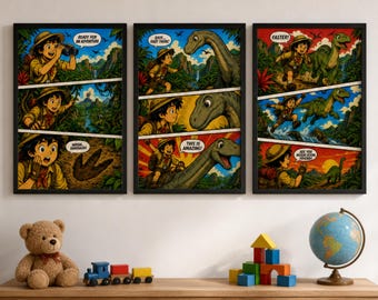 Dinosaur Adventure Comic Poster Set | Jungle Explorer Story Trio (Digital Download)