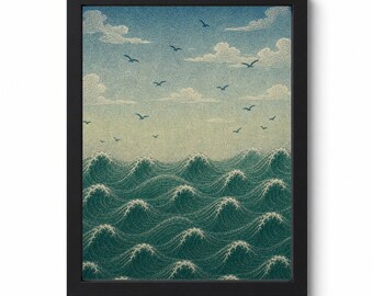 Japanese Wave Art Print | Teal Birds, Rolling Waves (Digital Download)