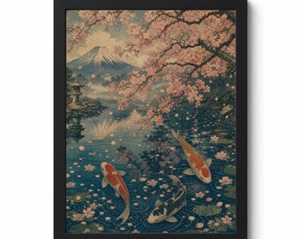 Koi Fish Wall Art Printable | Japanese Cherry Blossom Download | Mount Fuji Pond Print | Zen Home Decor