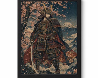 Samurai Wall Art Printable | Japanese Warrior Cherry Blossom Download | Mount Fuji Print