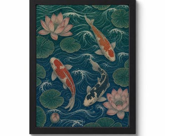 Koi Carp Print | Japanese Koi Fish Wall Art | Vintage Woodblock Style | Lotus Flower Print | Digital Download | Instant Print