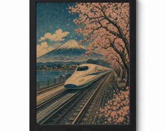 Shinkansen Wall Art Printable | Japanese Bullet Train Download | Mount Fuji Cherry Blossom Print | Zen Decor