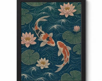 Koi Carp Print | Japanese Koi Fish Wall Art | Lotus Flower Print | Vintage Woodblock Style | Digital Download | Instant Print