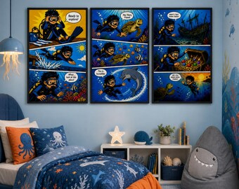 Ocean Adventure Comic Poster Set | Scuba Diver Story Trio (Digital Download)