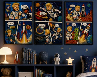Space Adventure Comic Poster Set | Kids Room Wall Art Printable | Astronaut Story Trio Download