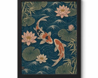 Japanese Koi Carp Print | Woodblock Style, Lotus, Bamboo (Digital Download)
