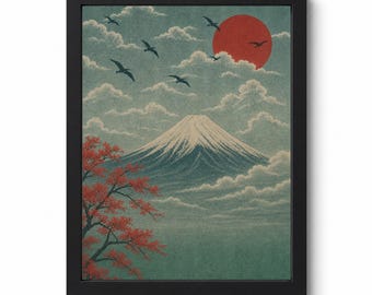 Vintage Japanese Mount Fuji Print, Red Sun Birds, Retro Nature Illustration (Digital Download)