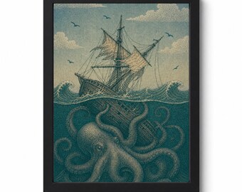 Vintage Kraken Ship Wall Art Print | Nautical Octopus Illustration (Digital Download)