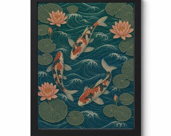 Koi Carp Print | Japanese Koi Fish Wall Art | Lotus Flower Print | Vintage Woodblock Style | Digital Download | Instant Print