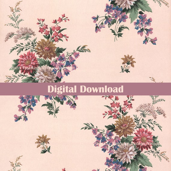 Colorful Pastel Flowers Digital Vintage Wallpaper for Instant Download 1950s Floral Wallpaper Design from Hannah/'s Treasures Collection