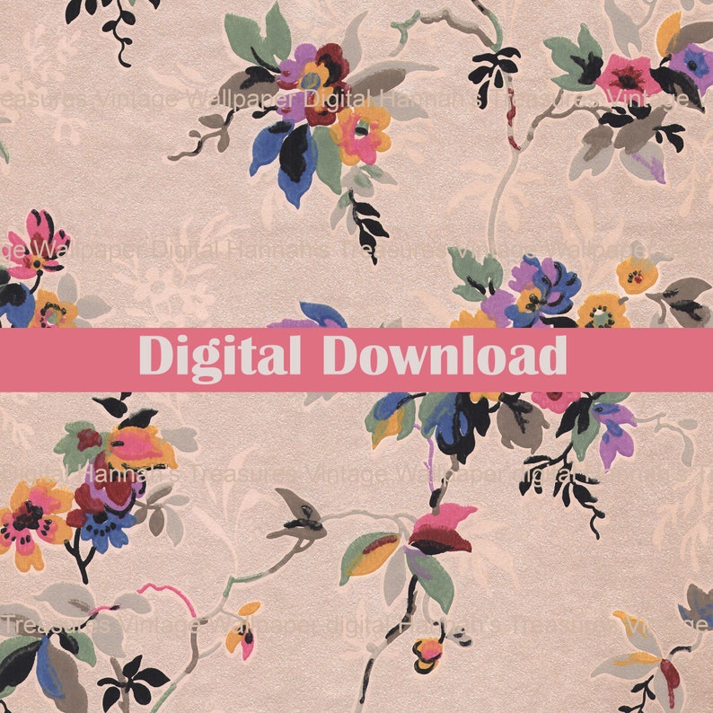 Colorful Floral Digital Vintage Wallpaper for Instant Download 1930s Antique Wallpaper Design from Hannah/'s Treasures Collection