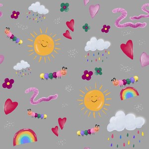 Könnte beinhalten: Ein verspieltes Muster auf grauem Hintergrund mit lächelnden Sonnen, bunten Raupen, Regenbogen, Herzen, Blumen, Wolken mit Regentropfen und rosa Würmern. Das Design ist fröhlich und hell, passend für Kinderprodukte.