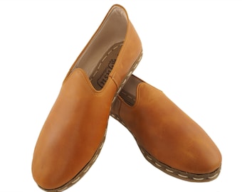 Handmade Turkish Leather Loafers for Men Ligth Brown Slip-On Shoes Elegant Style Comfortable Casual Dress Shoes Everyday Wear | ColaradoTaba
