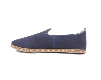 Mocassini Woen's in pelle nabuk blu scuro, fatti a mano, scarpe slip-on a piedi nudi, comfort / BeltaLaciPate