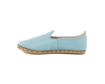 Mocassini turchi in pelle fatti a mano da donna, blu turchese, scarpe slip-on comode e casual / BabyBlue19124Minsk