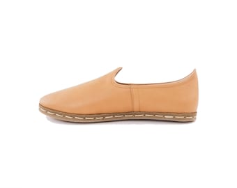 Handmade Turkish Leather Loafers for Women Ocher Slip-On Shoes Elegant Style Casual Shoes | UygunerIceCreamAUstu