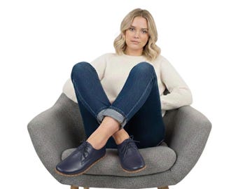 Women's Dark Navy Blue Barefoot Shoes - Turkish Leather Oxfords - Grounding Earthing Soles - Wide Toe Box Slip-Ons | 19128MinskLaci