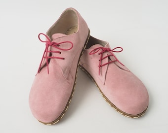 Mens Oxford Shoes,Barefoot Shoes,Pink Suede Leather Shoes,Zero Drop Shoes,Grounding Sole,Turkish Shoes,Wide Toe Box Slip-Ons,Handmade Shoes