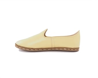 Handmade Turkish Leather Loafers for Women Creem Yellow Slip-On Shoes Elegant Comfortable Shoes | V-Limon1044