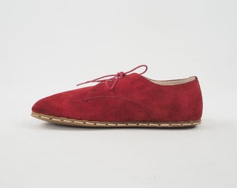 Handmade Barefoot Oxford Shoes for Women, Dark Red Suede Turkish Leather Slip-Ons, Wide Toe Box, Zero Drop Grounding | SolettoRybino321