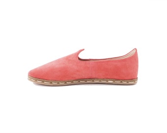 Handmade Cherry Pink Suede Leather Loafers: Turkish Yemeni Slip-On Shoes