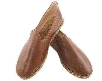 Handmade Turkish Leather Mens Loafers: Antique Brown Slip-Ons