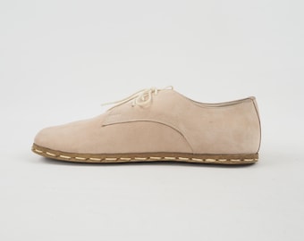 Handmade Barefoot Oxford Shoes for Women, Cream Turkish Leather Slip-Ons, Wide Toe Box, Zero Drop Minimalist Grounding | DentaBej