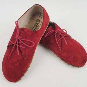 Barefoot Oxford Men Shoes, Grounding Shoes, Wide Toe Box,Genuine Leather Shoes, Leatherful Shoes, Leather Sole, Dark Red Suede Tie Shoe
