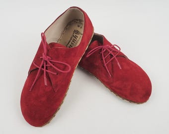 Mens Oxford Shoes, Barefoot Red Suede Leather Shoes, Zero Drop Shoes, Grounding Sole, Turkish Shoes, Wide Toe Box Slip-Ons,Handmade Shoe