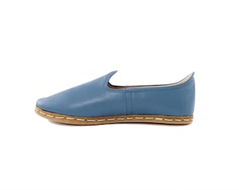Mocassini turchi in pelle fatti a mano da donna, blu, modello slip-on, eleganti e comodi, scarpe casual / Viktorya1017KatMavi