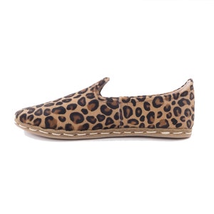 Handmade Womens Shoes, Leopard Pattern Printed Calf Hair Genuine Leather Shoes, Handmade Leather Loafer, Grounding Shoes,Women Slip-On Shoes