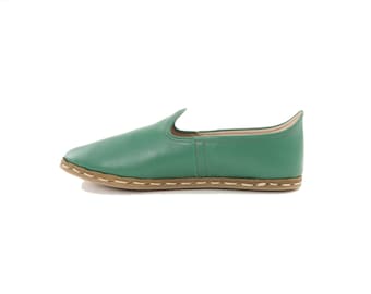Handmade Emerald Green Leather Loafers: Turkish Slip-On Shoes