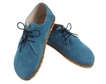 Mens Oxford Shoes,Barefoot  Navy Blue Nubuck Shoes,Zero Drop Shoes,Grounding Sole,Turkish Shoes,Wide Toe Box Slip-Ons,Mens Wider Shoe Yemeni
