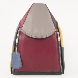 Può includere: Uno zaino in pelle multicolore con chiusura a lembo e una tasca con cerniera sul davanti. Lo zaino ha un'etichetta in pelle blu con la parola "Amazons" su di essa.