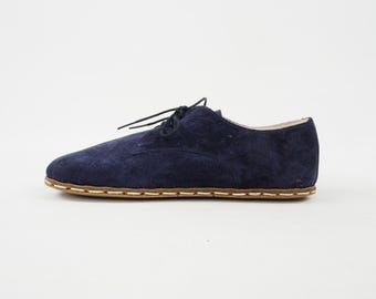 Handmade Barefoot Oxford Shoes for Women, Dark Navy Blue Suede Turkish Leather Slip-Ons, Wide Toe Box, Zero Drop | 237GucluTorınoLacıvert
