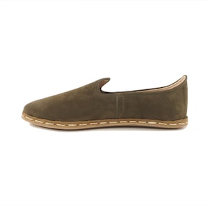 Handmade Moss Green Nubuck Leather Loafers: Turkish Yemeni Slip-Ons