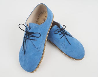 Mens Oxford Shoes, Barefoot Navy Blue Suede Leather Shoes, Zero Drop Shoes, Grounding Sole, Turkish Shoes, Wide Toe Box Slip-Ons
