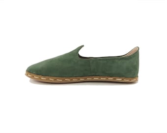 Handmade Green Suede Leather Loafers: Turkish Yemeni Shoes